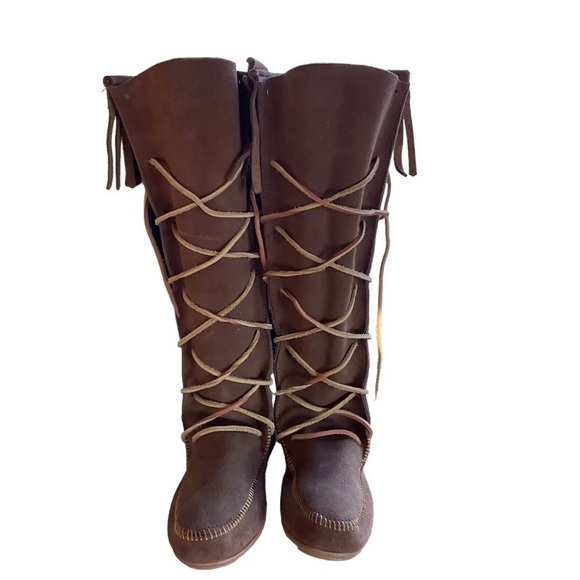 Vtg Minnetonka Womens US 7 Brown Suede Knee-High Lace-Up Fringe Moccasin Boots - Picture 2 of 8